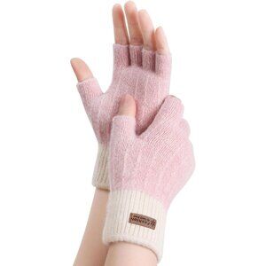 Women's White Pink Fingerless Half Finger Knitted Mittens Gloves Cold Weather